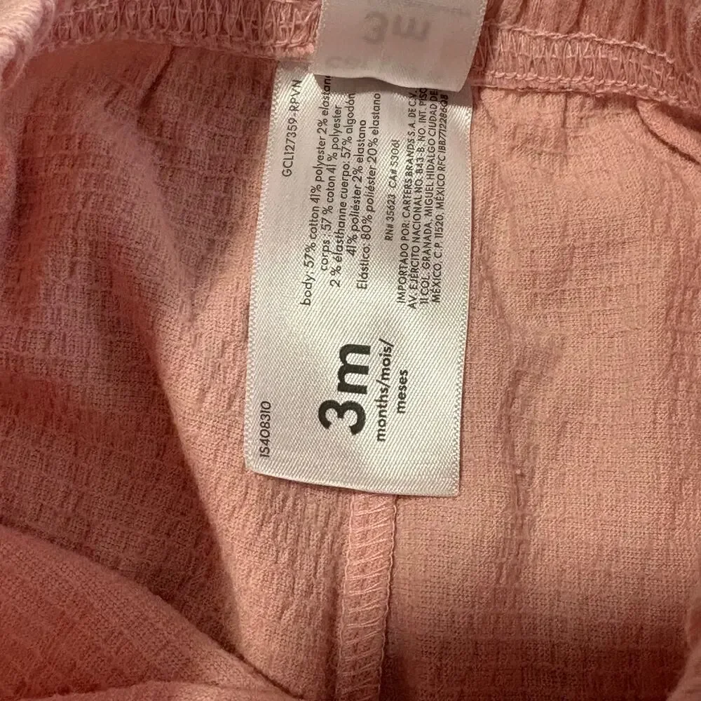 Carter’s -Baby Girl 3M -Pink Gauze Top Shorts Set -Ruffle Cotton Summer Outfit